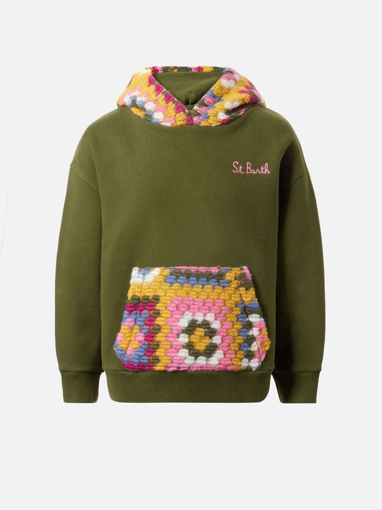 Felpa con cappuccio Jeune Jr verde con motivo crochet