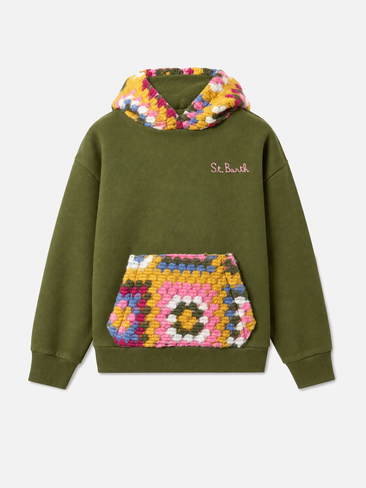 Sudadera con capucha verde Jeune Jr con motivo de crochet 