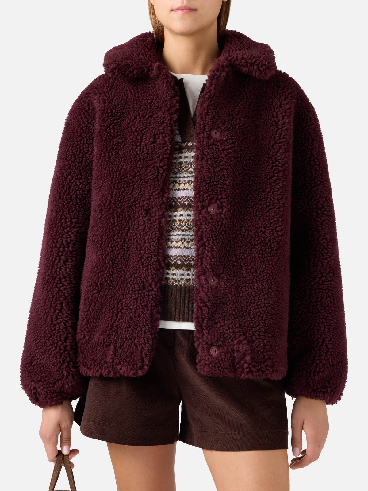 Teddy-Jacke Aubergine Jeanne aus Wollmischung mit Logo-Patch 