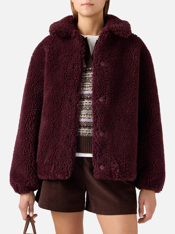Teddy-Jacke Aubergine Jeanne aus Wollmischung mit Logo-Patch 