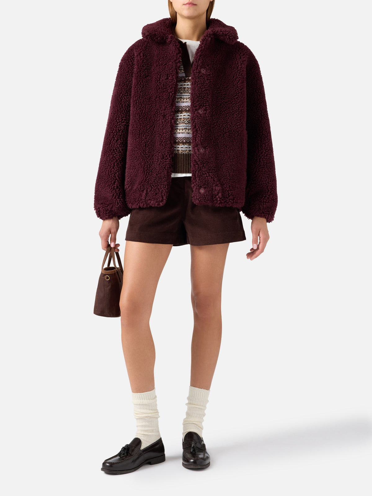 Teddy-Jacke Aubergine Jeanne aus Wollmischung mit Logo-Patch 