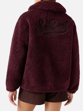 Teddy-Jacke Aubergine Jeanne aus Wollmischung mit Logo-Patch 