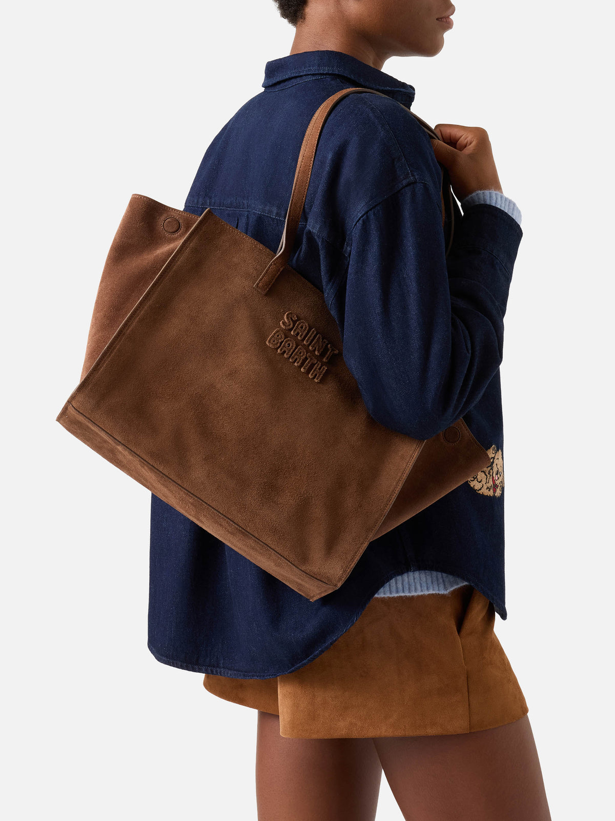 Braune große Jour Wildledertasche mit Logostickerei 