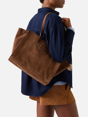Braune große Jour Wildledertasche mit Logostickerei 
