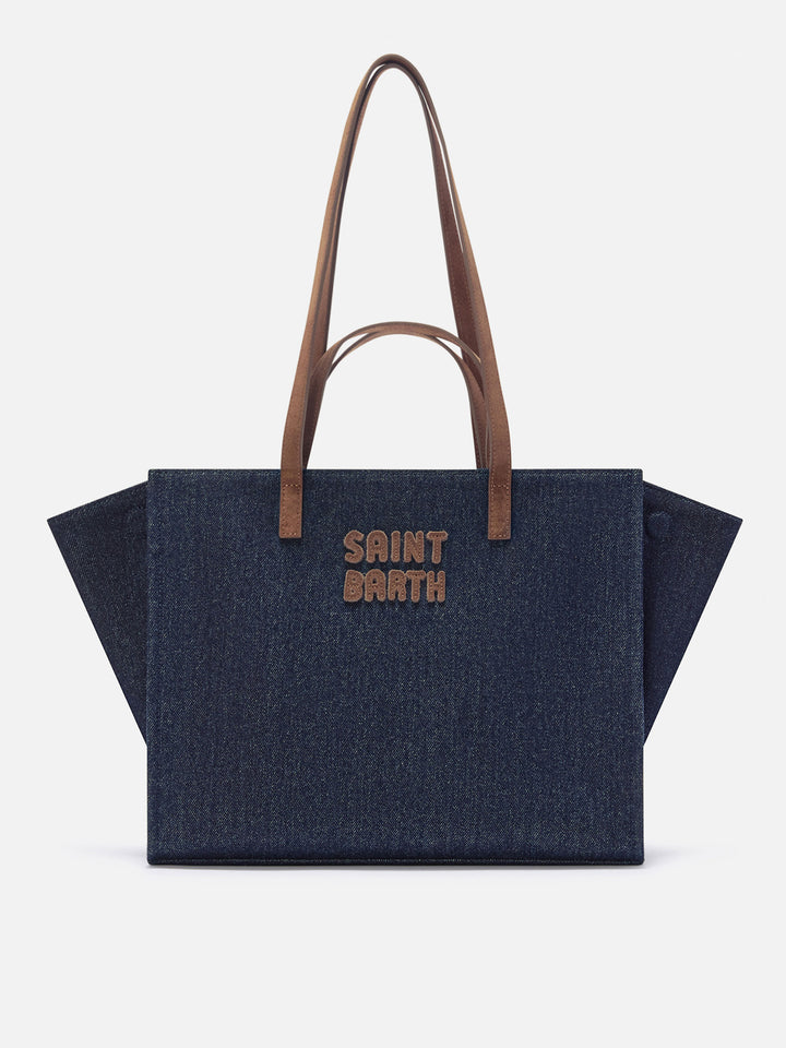 Blue Große Jour Denim-Tasche mit Griffen aus Veloursleder 