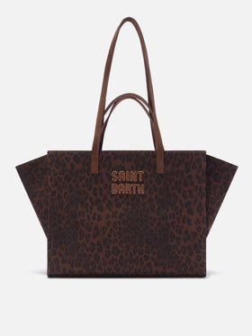 Große Jour-Denimtasche mit Leopardenprint und Wildledergriffen 