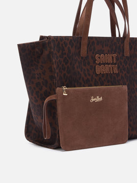 Große Jour-Denimtasche mit Leopardenprint und Wildledergriffen 