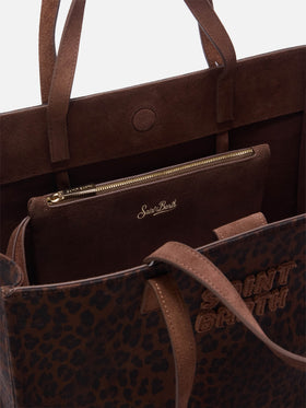 Große Jour-Denimtasche mit Leopardenprint und Wildledergriffen 