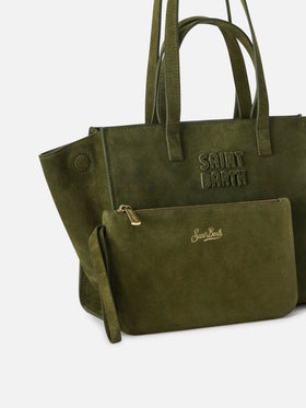 Borsa Medium Jour verde militare in camoscio con etichetta logo