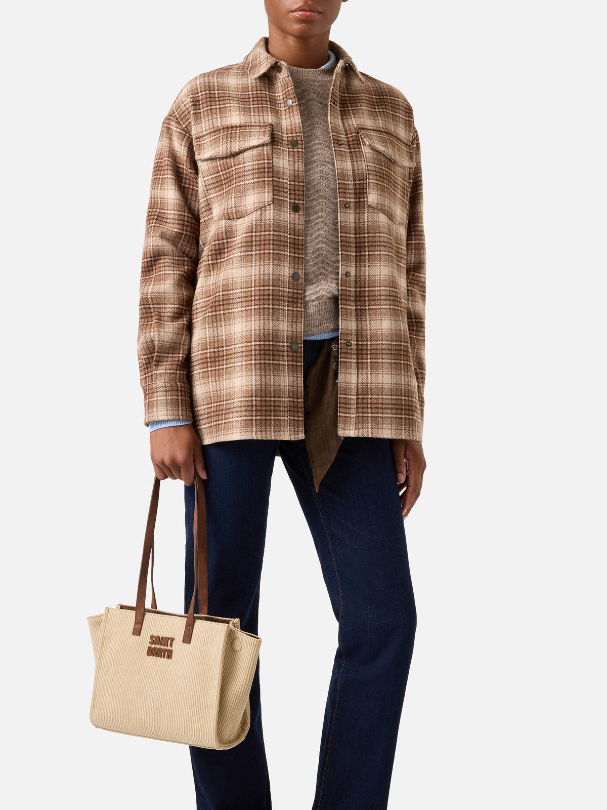 Bolso Jour Medium color beige de pana con asas de ante 