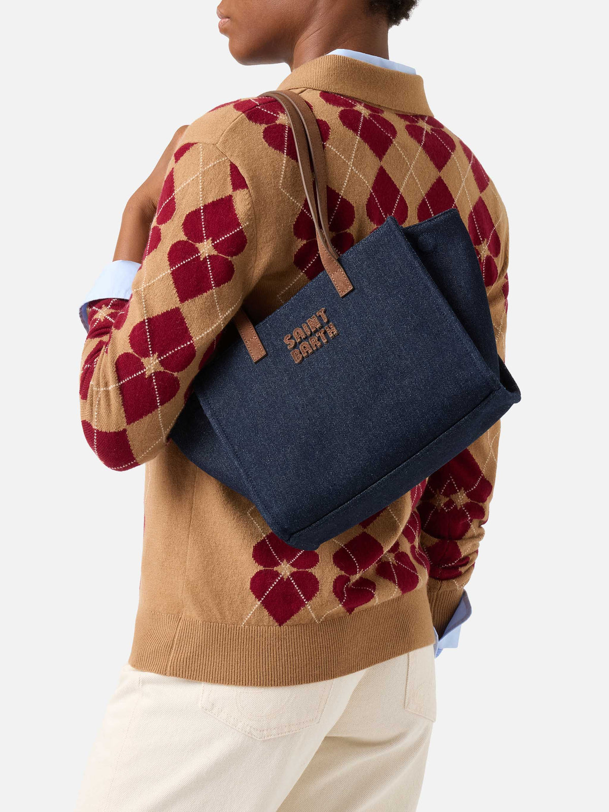 Blue Medium Jour denim bag with suede handles