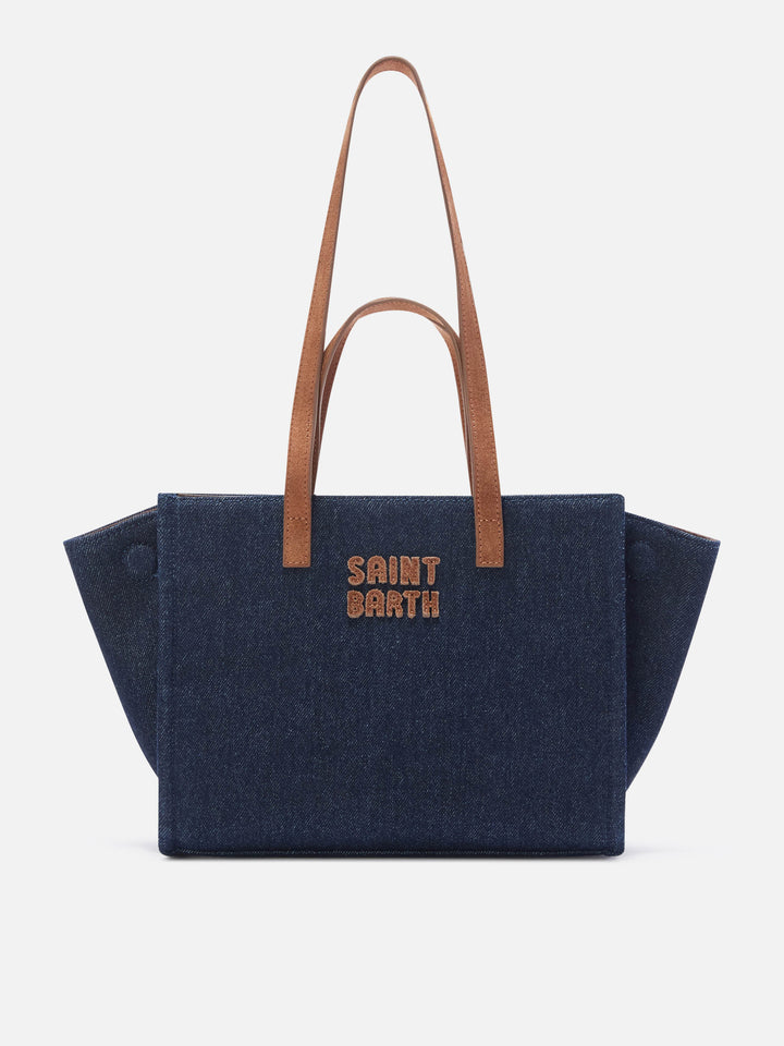 Blue Medium Jour Denimtasche mit Wildledergriffen 