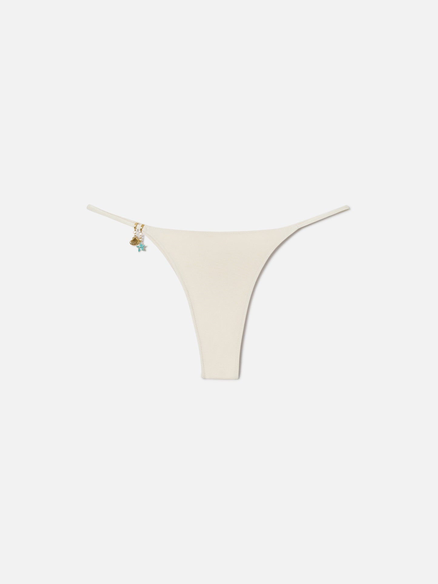 Jodene thong bikini bottoms in gold glossy-finish fabric with charm details