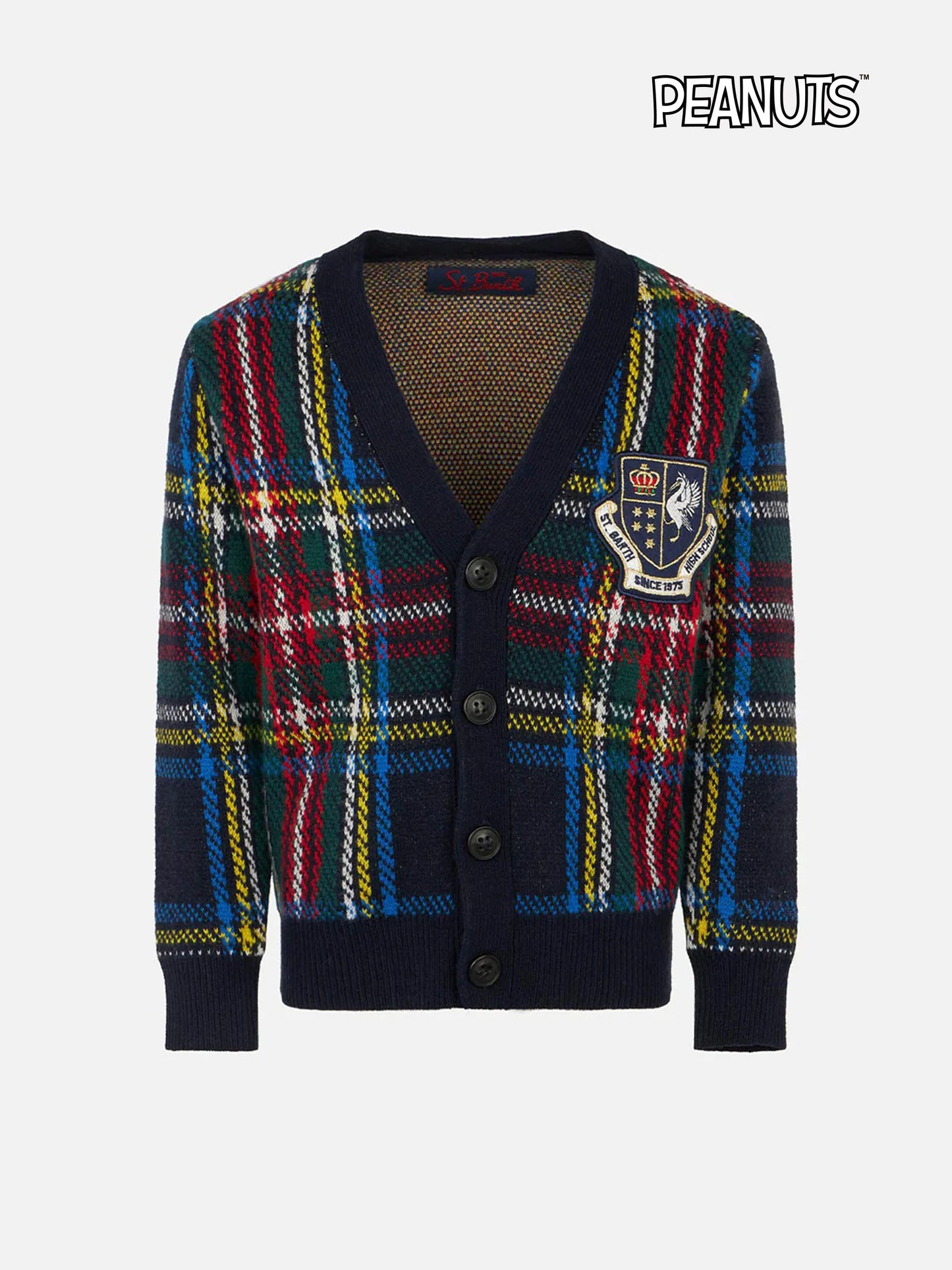 Tartan knitted cardigan with patch
