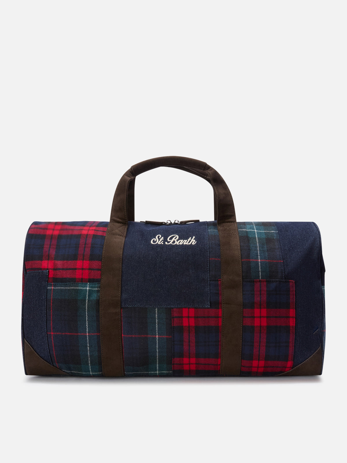 Borsone Jetleg con patchwork denim e tartan e bordi effetto pelle