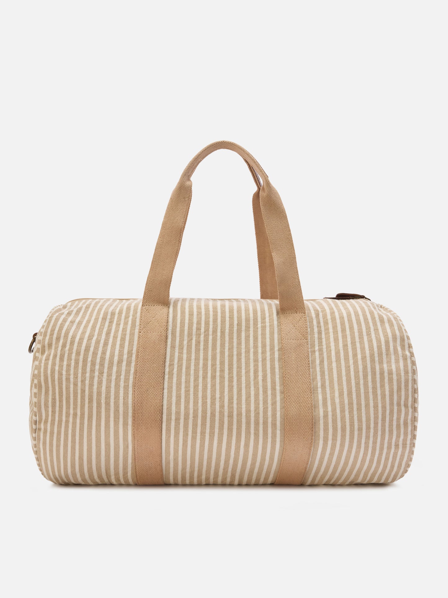 Round Jetleg beige and white striped linen weekender