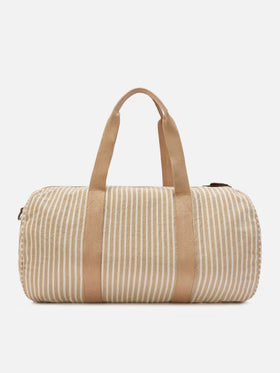 Round Jetleg beige and white striped linen weekender