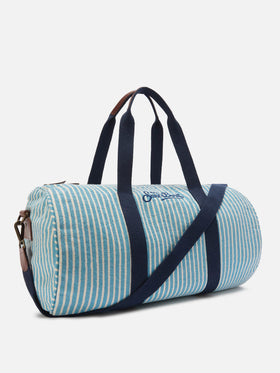 Round Jetleg blue and white striped linen weekender