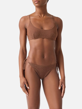 Top de bikini tipo bralette Judy en lurex marrón 
