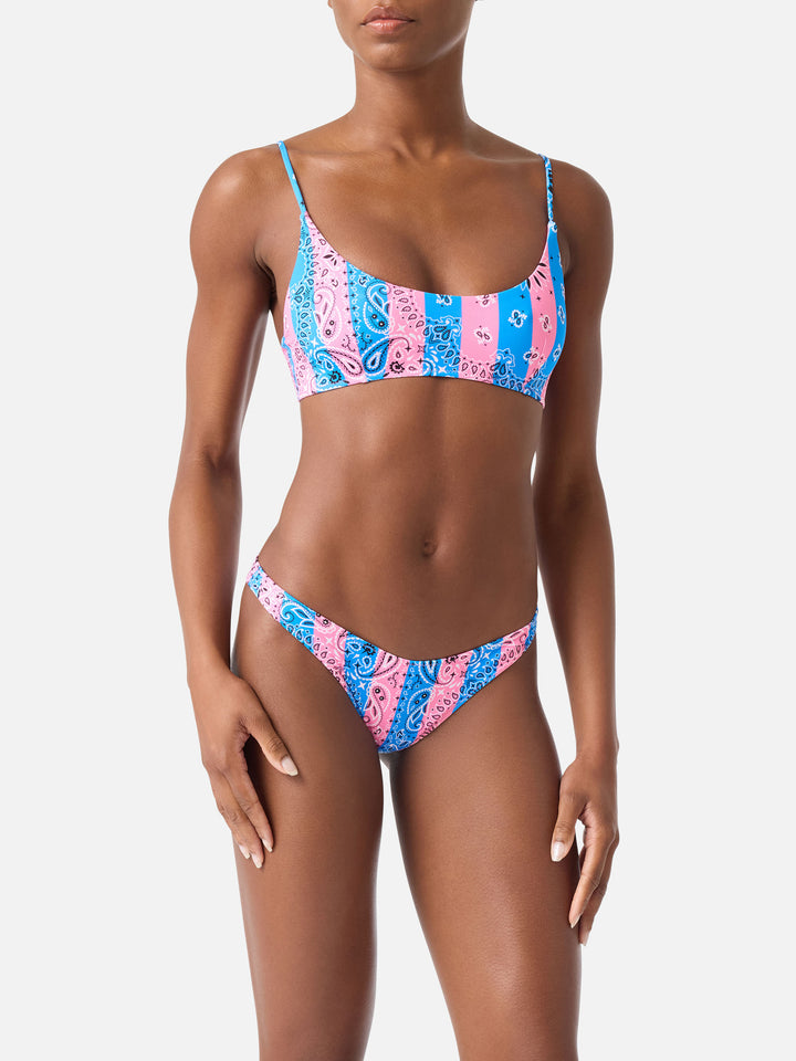 Bikini Judy Naomi bralette stampa bandana righe azzurro polvere e rosa