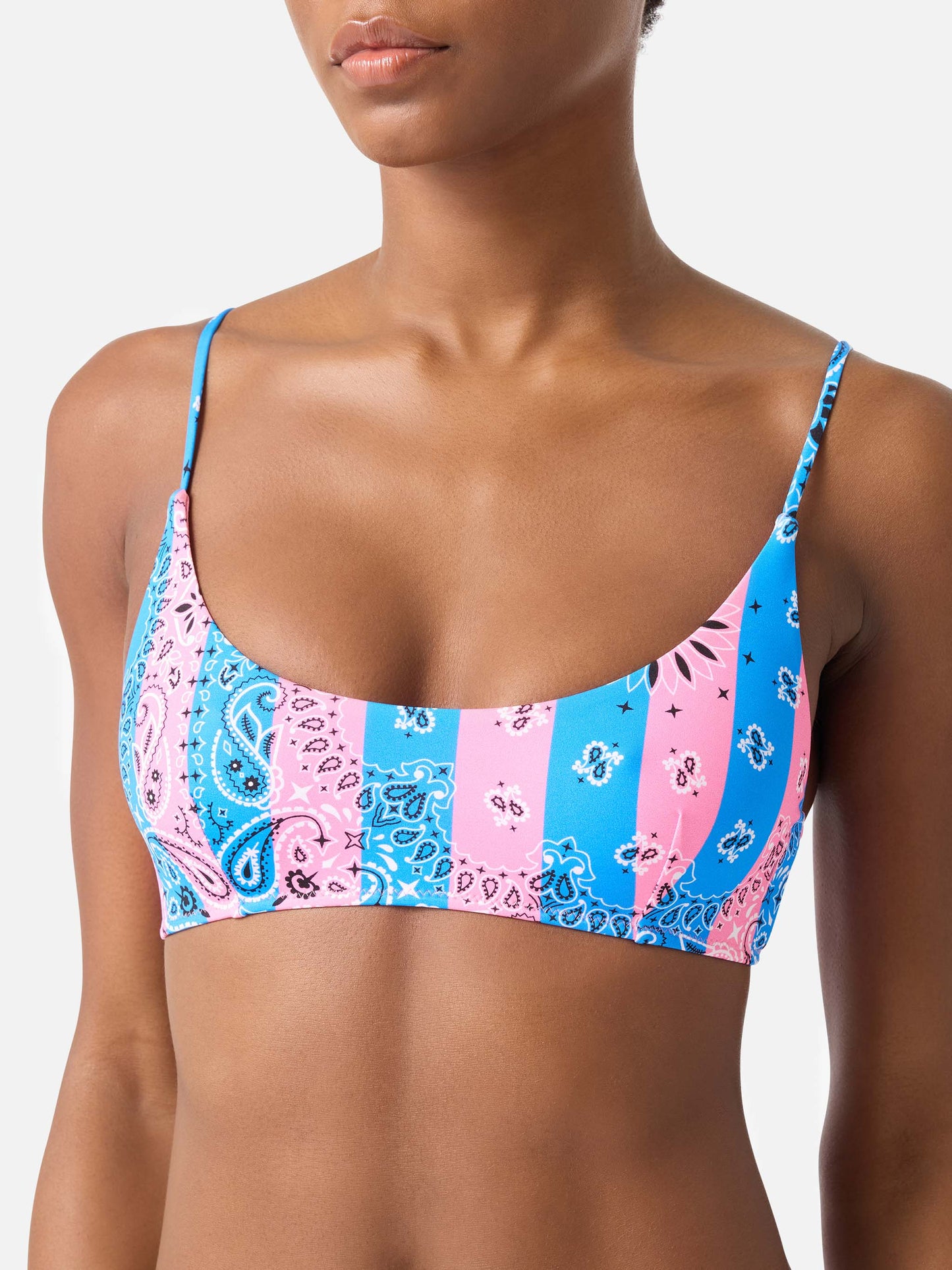 Bikini Judy Naomi bralette stampa bandana righe azzurro polvere e rosa