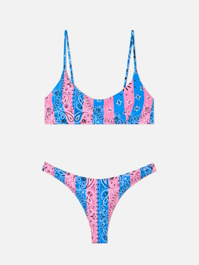 Bikini Judy Naomi bralette stampa bandana righe azzurro polvere e rosa