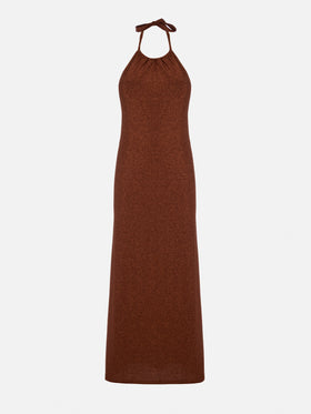 Langes Strickkleid in Braun mit Lurex