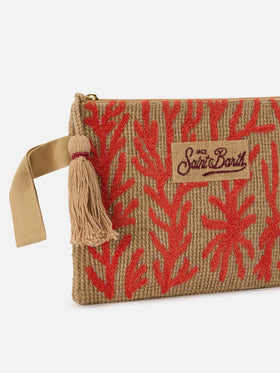 Jute pouch with embroidered coral pattern
