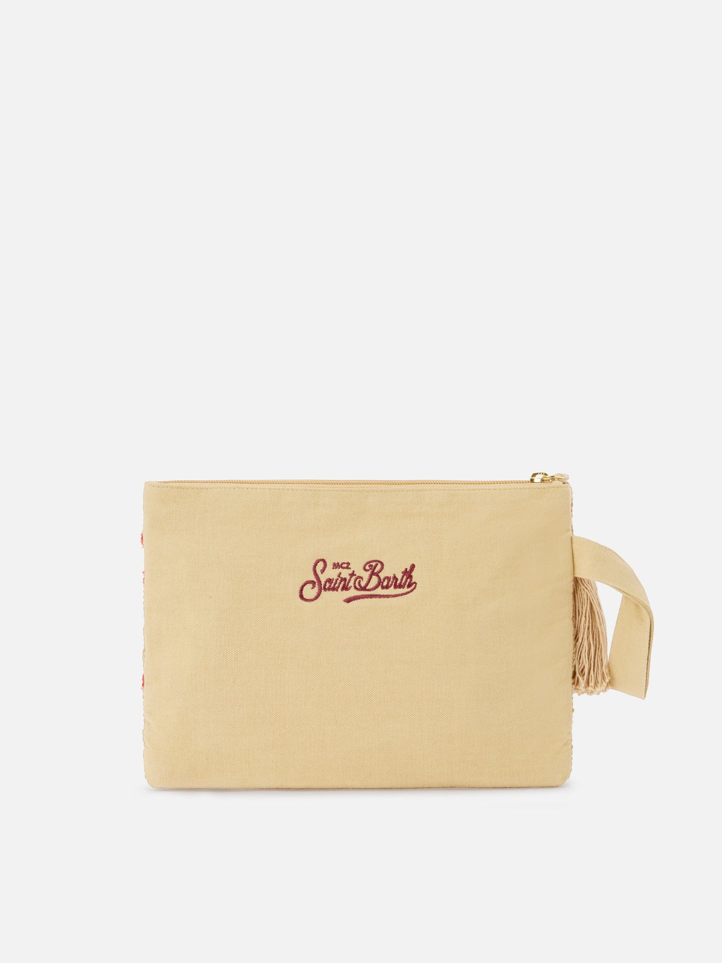 Jute pouch with embroidered coral pattern