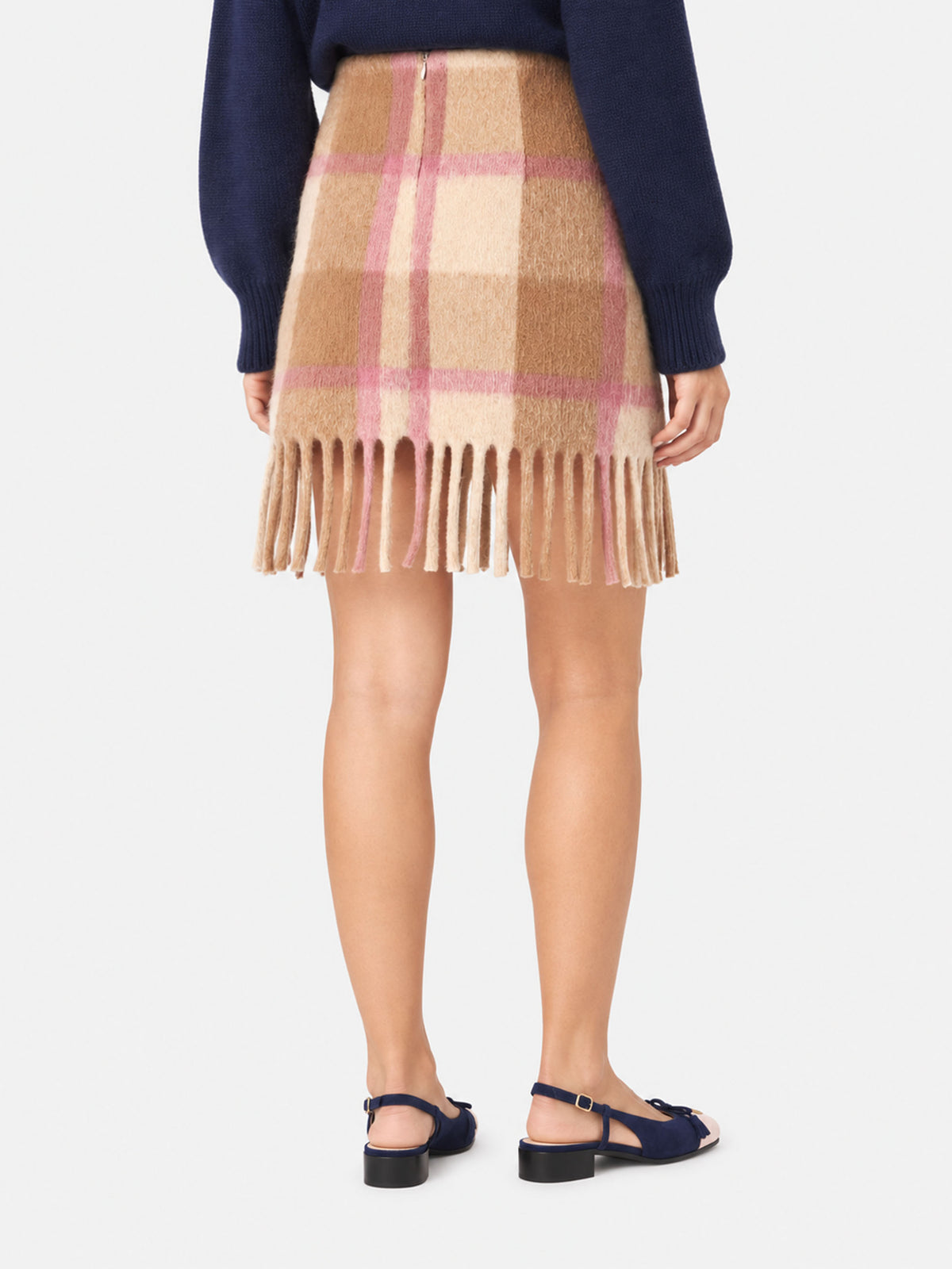 Gonna Katrine in maglia con fantasia tartan beige e rosa