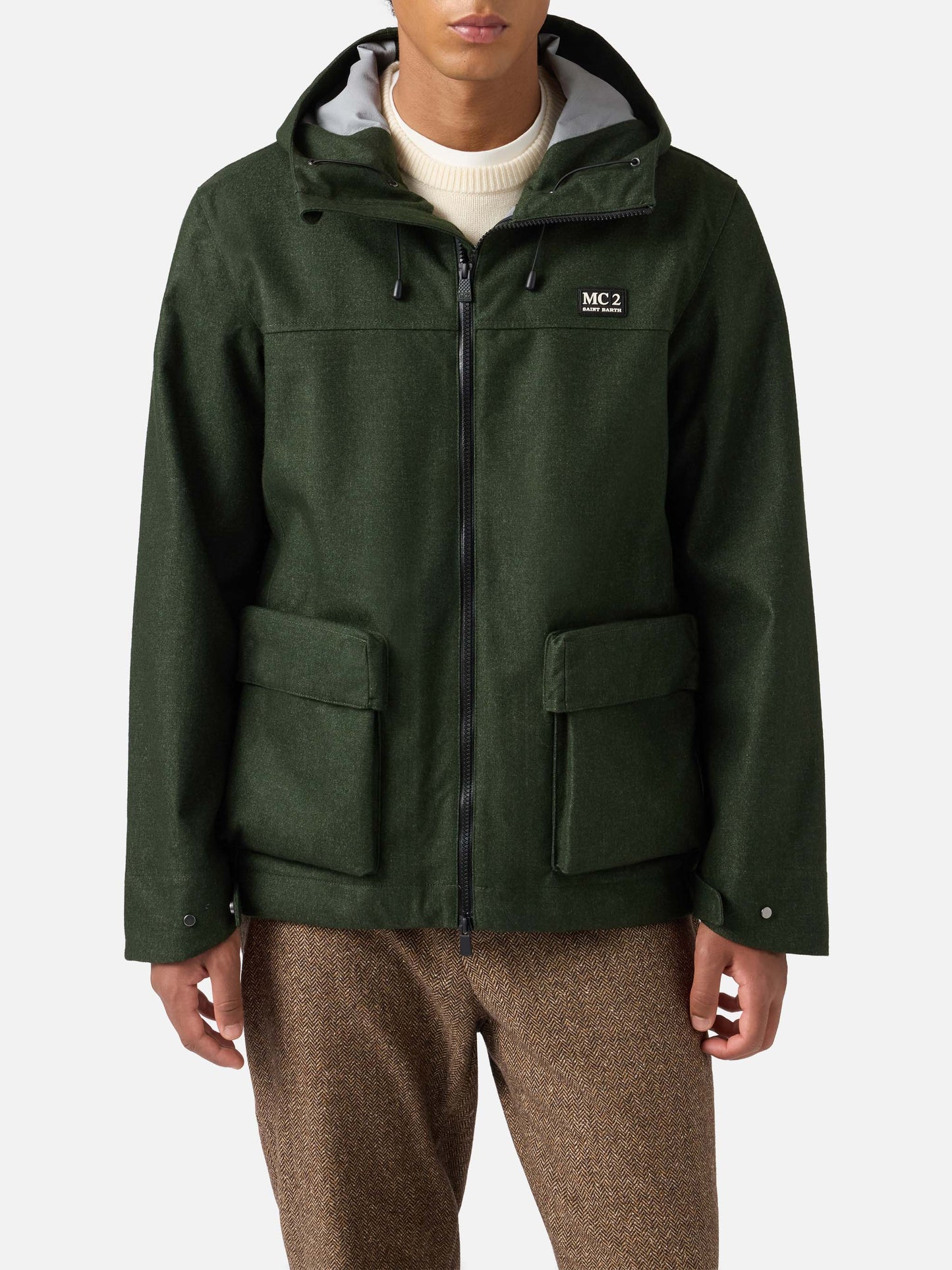 Man hooded green windbreaker jacket