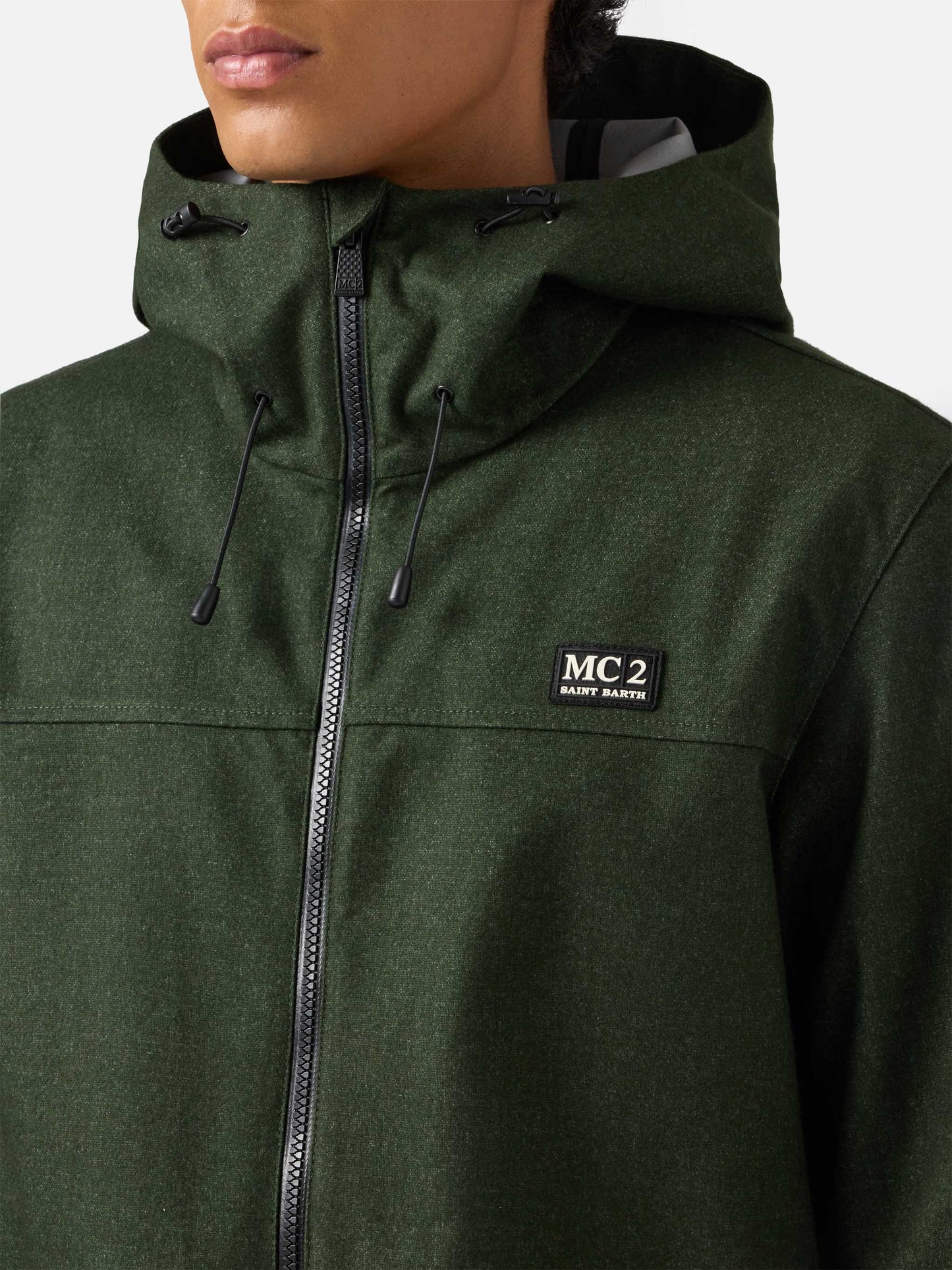 Man hooded green windbreaker jacket