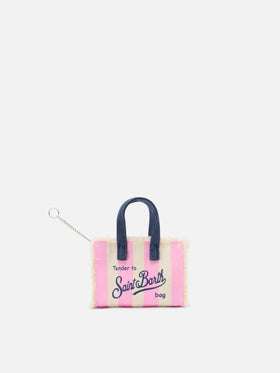 Porte-clés en forme de mini sac en tissu rayé avec logo brodé 