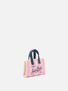 Porte-clés en forme de mini sac en tissu rayé avec logo brodé 