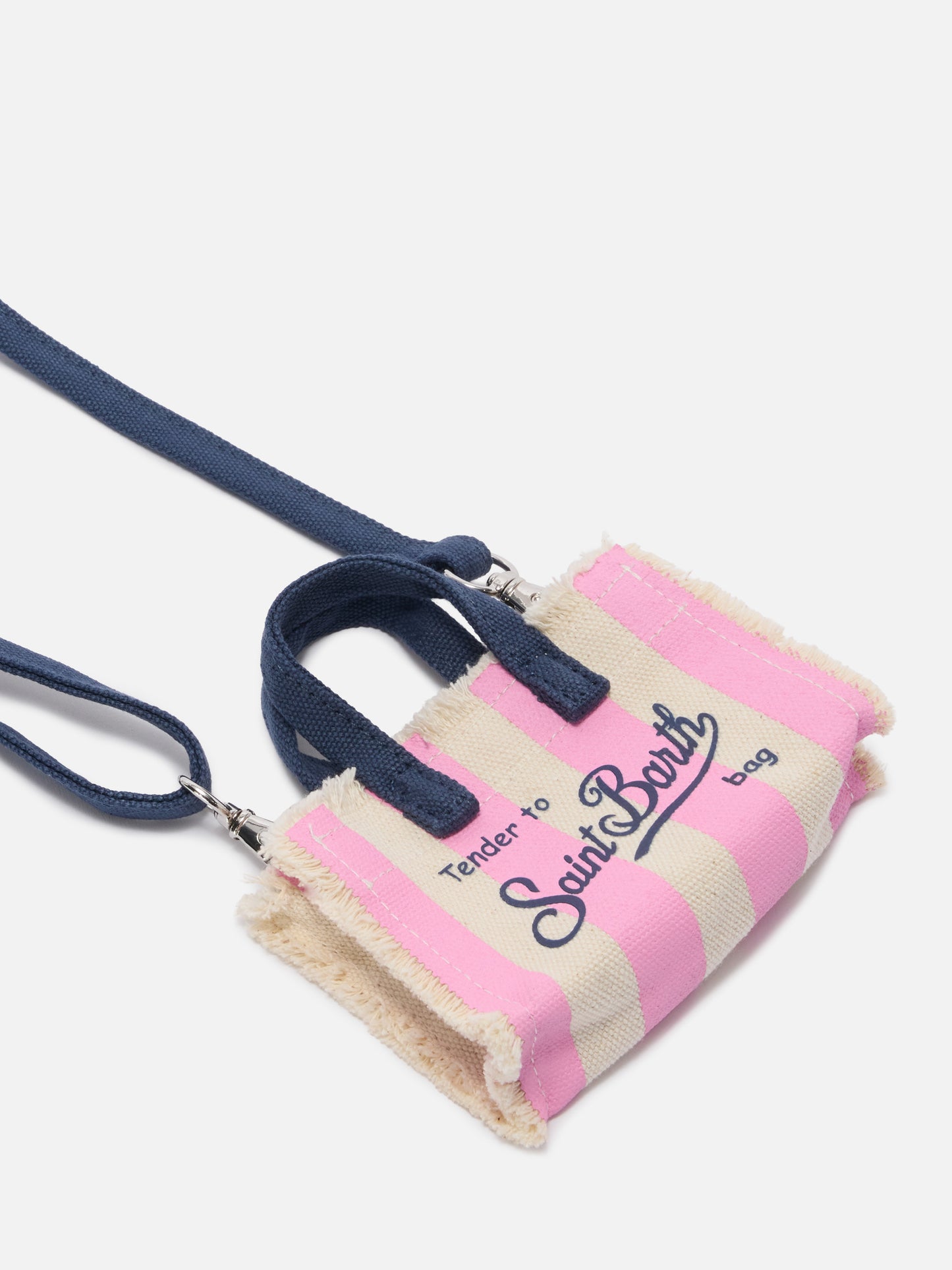 Porte-clés en forme de mini sac en tissu rayé avec logo brodé 