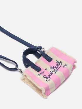 Porte-clés en forme de mini sac en tissu rayé avec logo brodé 