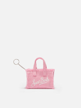 Mini-Schlüsselanhänger aus rosa Leinen in Taschenform mit aufgedrucktem Logo 