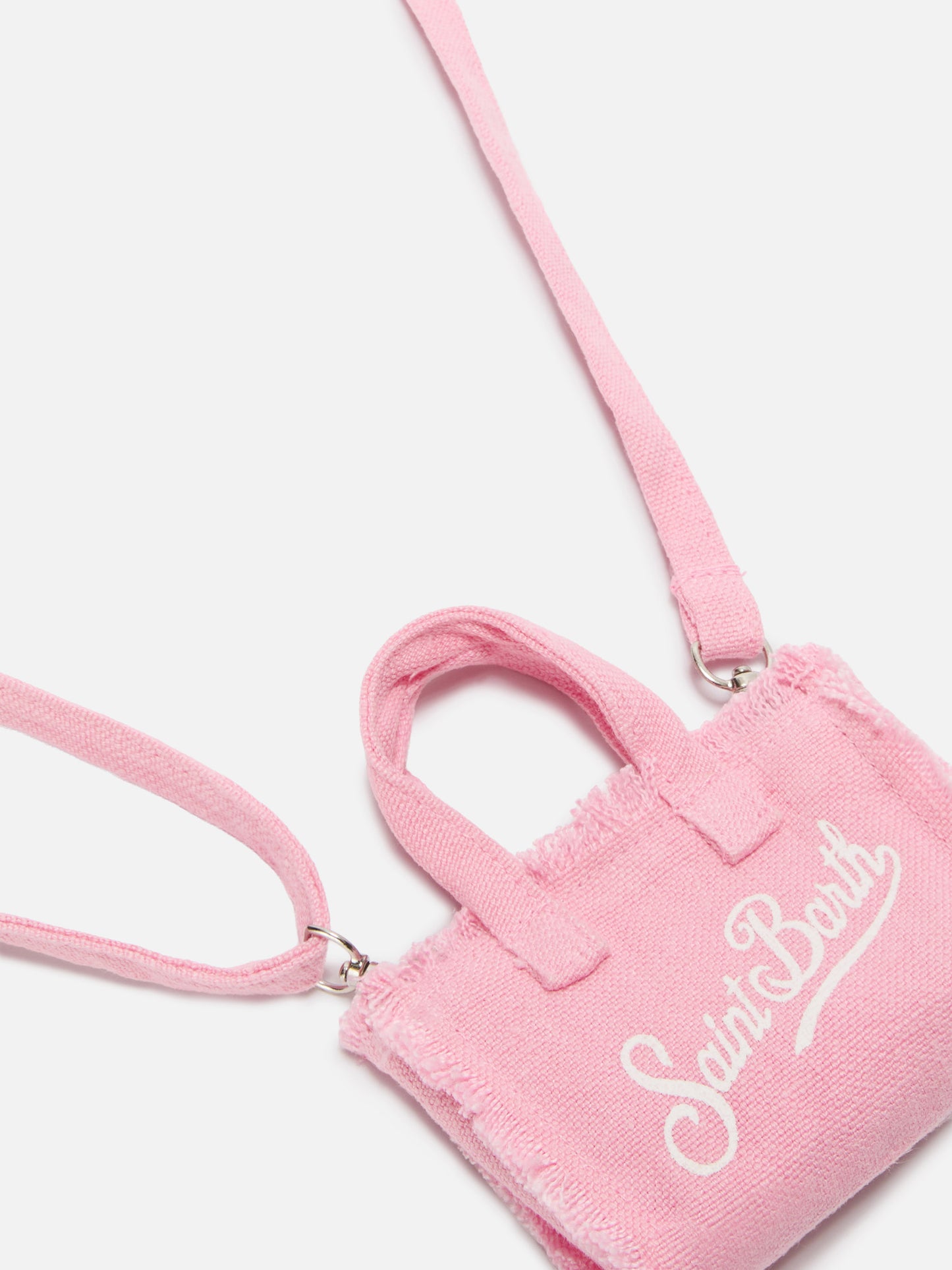 Mini-Schlüsselanhänger aus rosa Leinen in Taschenform mit aufgedrucktem Logo 