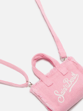 Mini-Schlüsselanhänger aus rosa Leinen in Taschenform mit aufgedrucktem Logo 