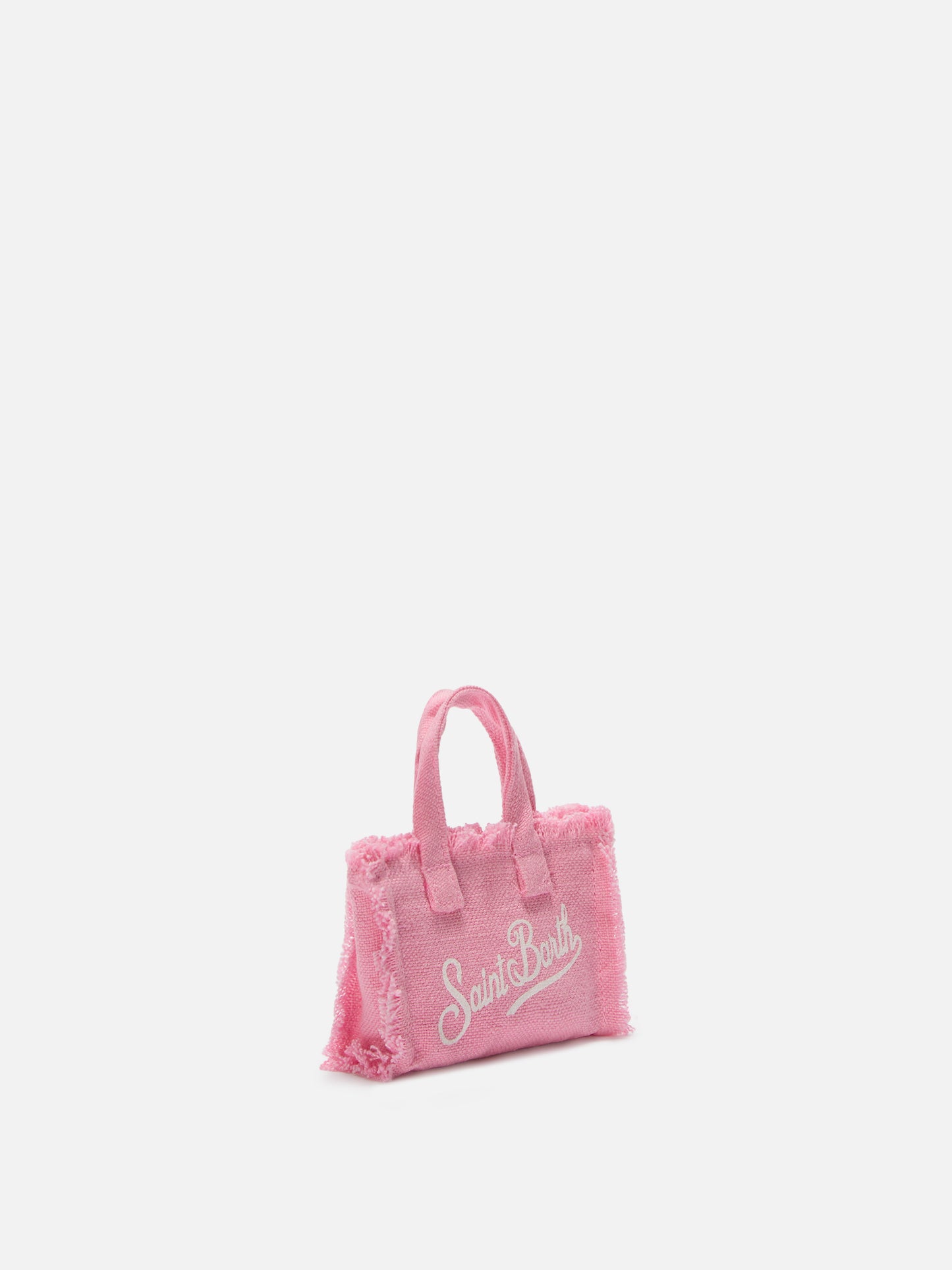 Mini-Schlüsselanhänger aus rosa Leinen in Taschenform mit aufgedrucktem Logo 