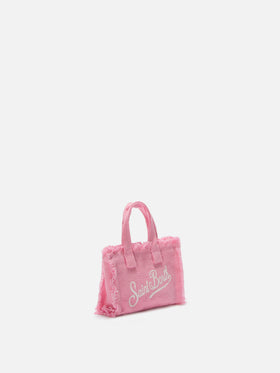 Mini-Schlüsselanhänger aus rosa Leinen in Taschenform mit aufgedrucktem Logo 