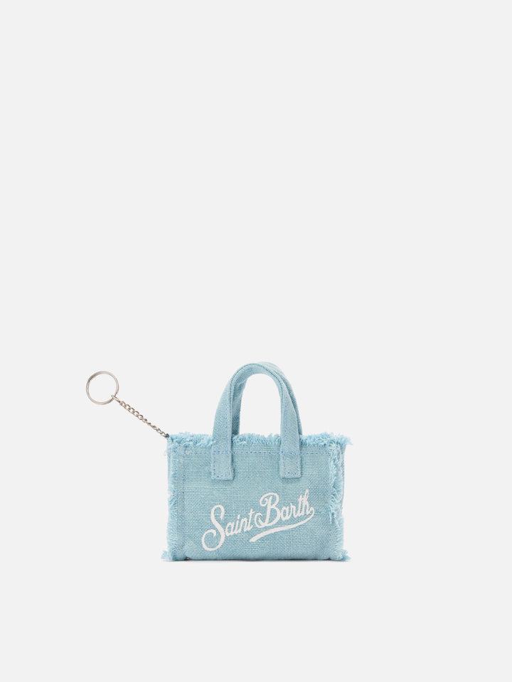 Keychain a forma di mini borsa in lino azzurro con logo stampato