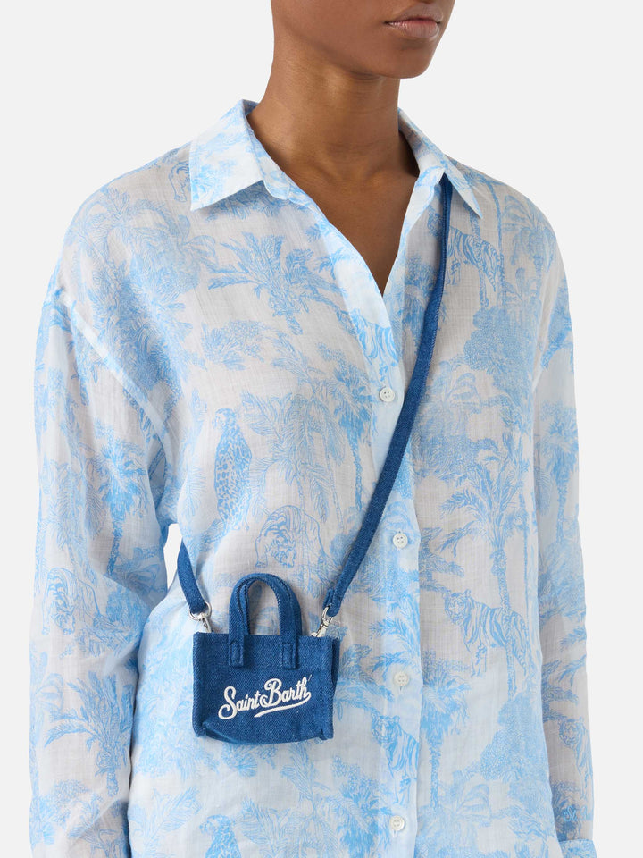 Denim mini bag–shaped keychain with printed logo