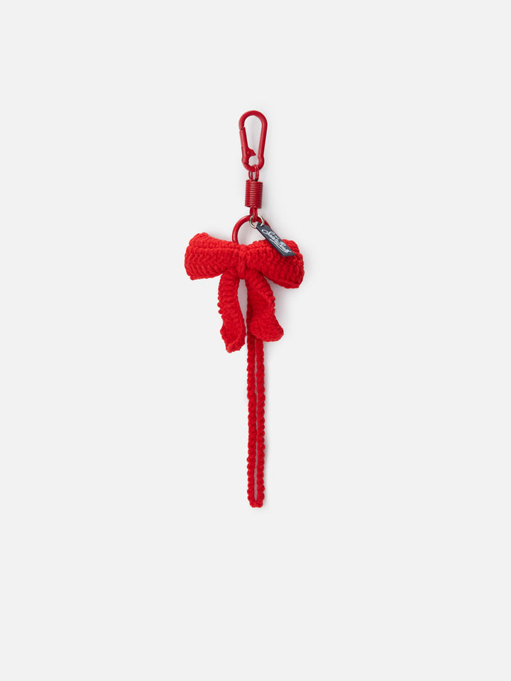 Crochet bow-shaped red keychain with lobster clasp