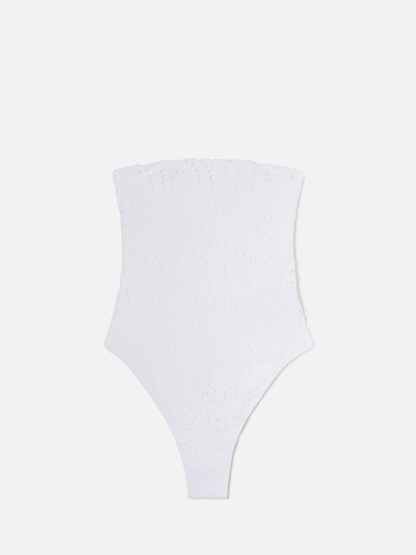 Bañador de una pieza bandeau Khyra en tejido sangallo blanco 