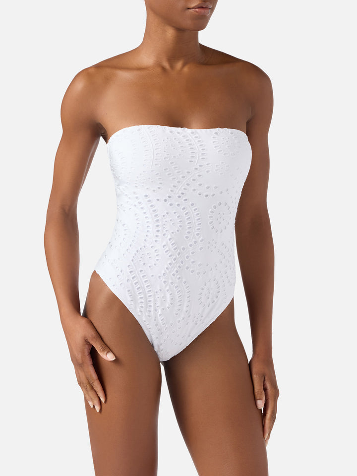 Khyra bandeau one-piece swimsuit in white sangallo textile