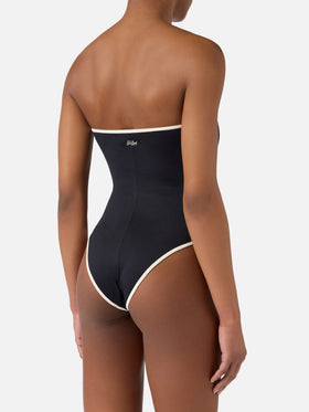 Khyra String bandeau black one-piece swimsuit with contrast details