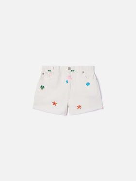 Short Kiko Jr in denim con ricami multicolor