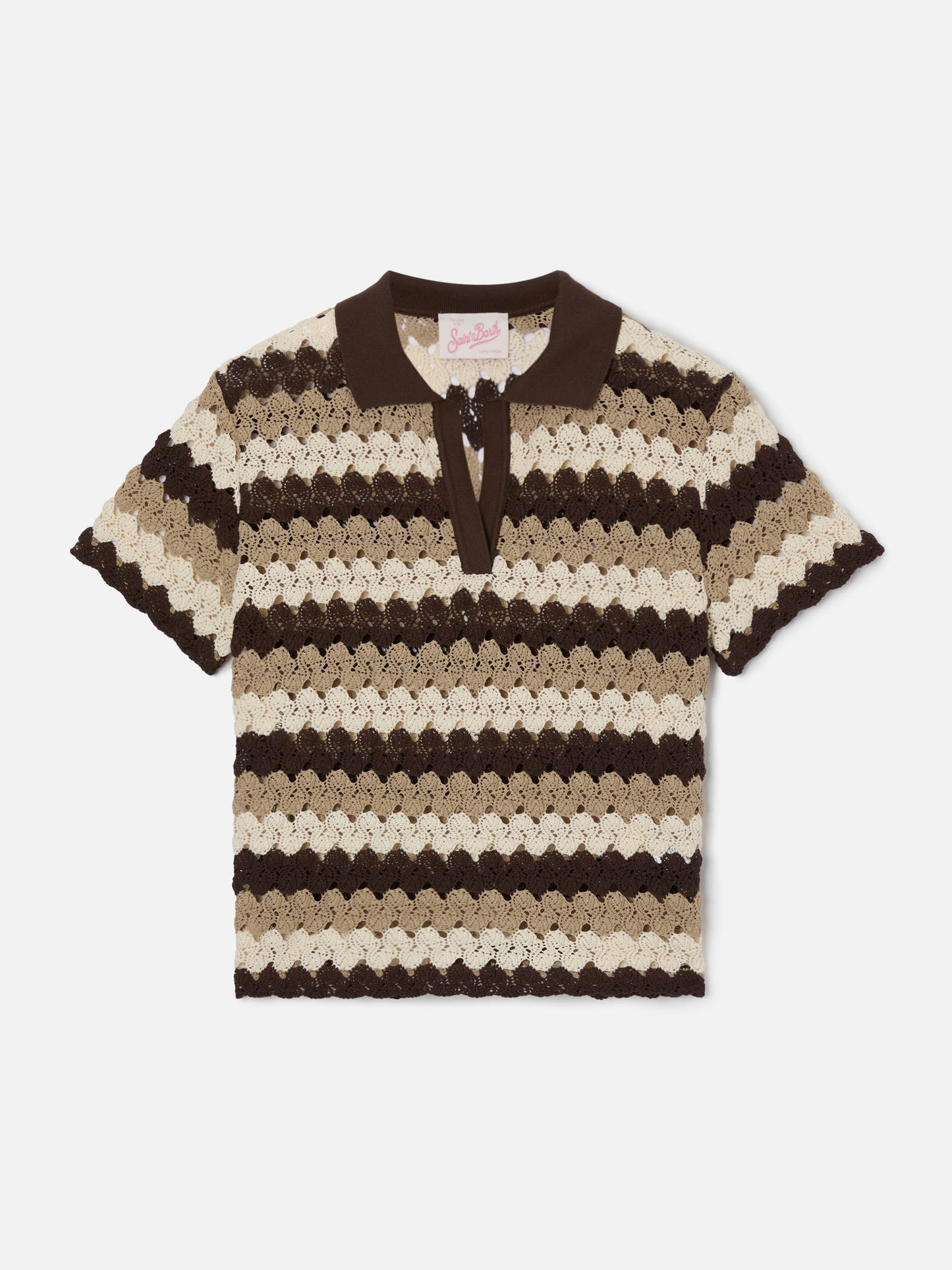 Polo Lala de mezcla de algodón con efecto crochet y motivo de rayas 