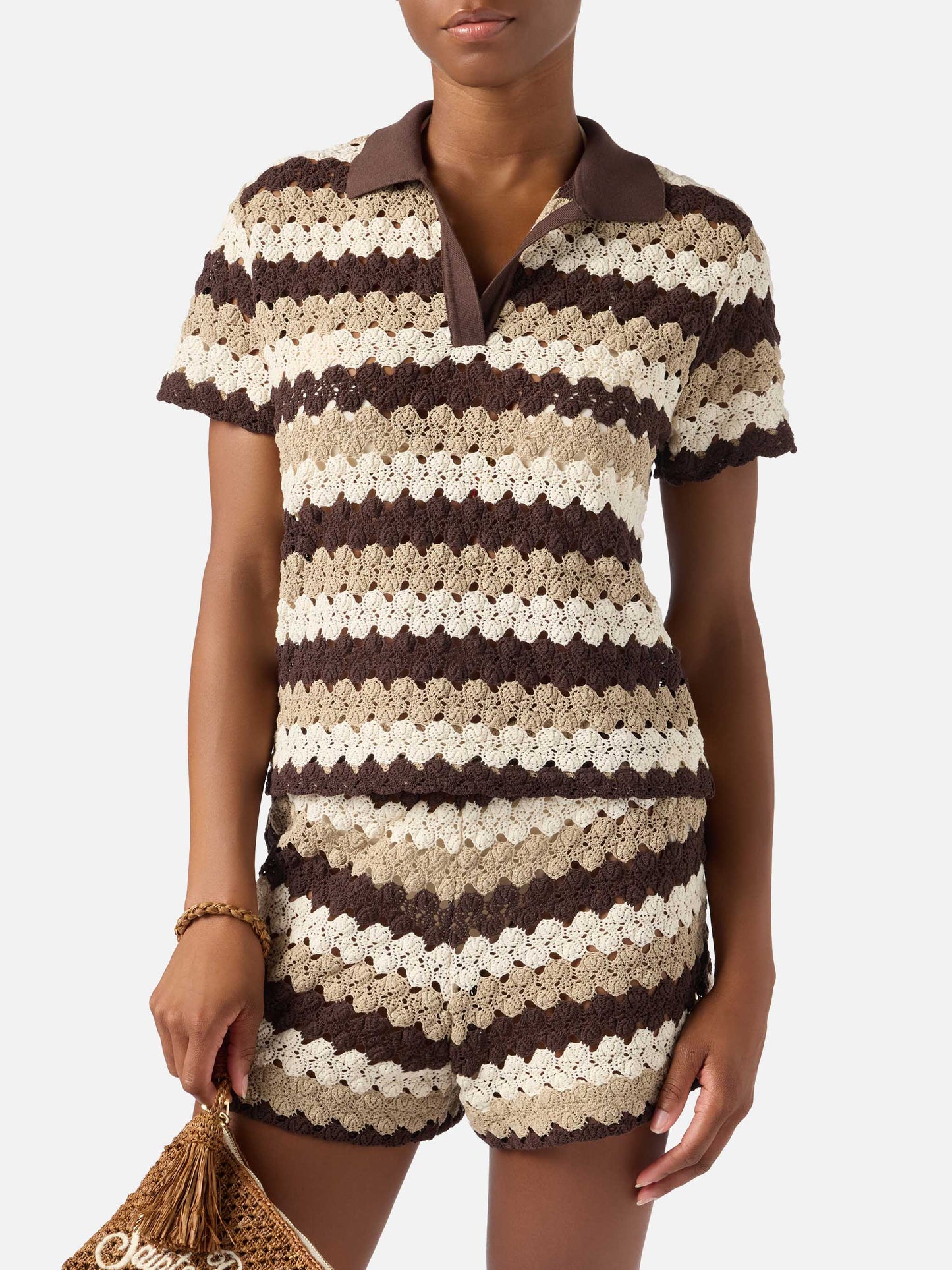Polo Lala de mezcla de algodón con efecto crochet y motivo de rayas 